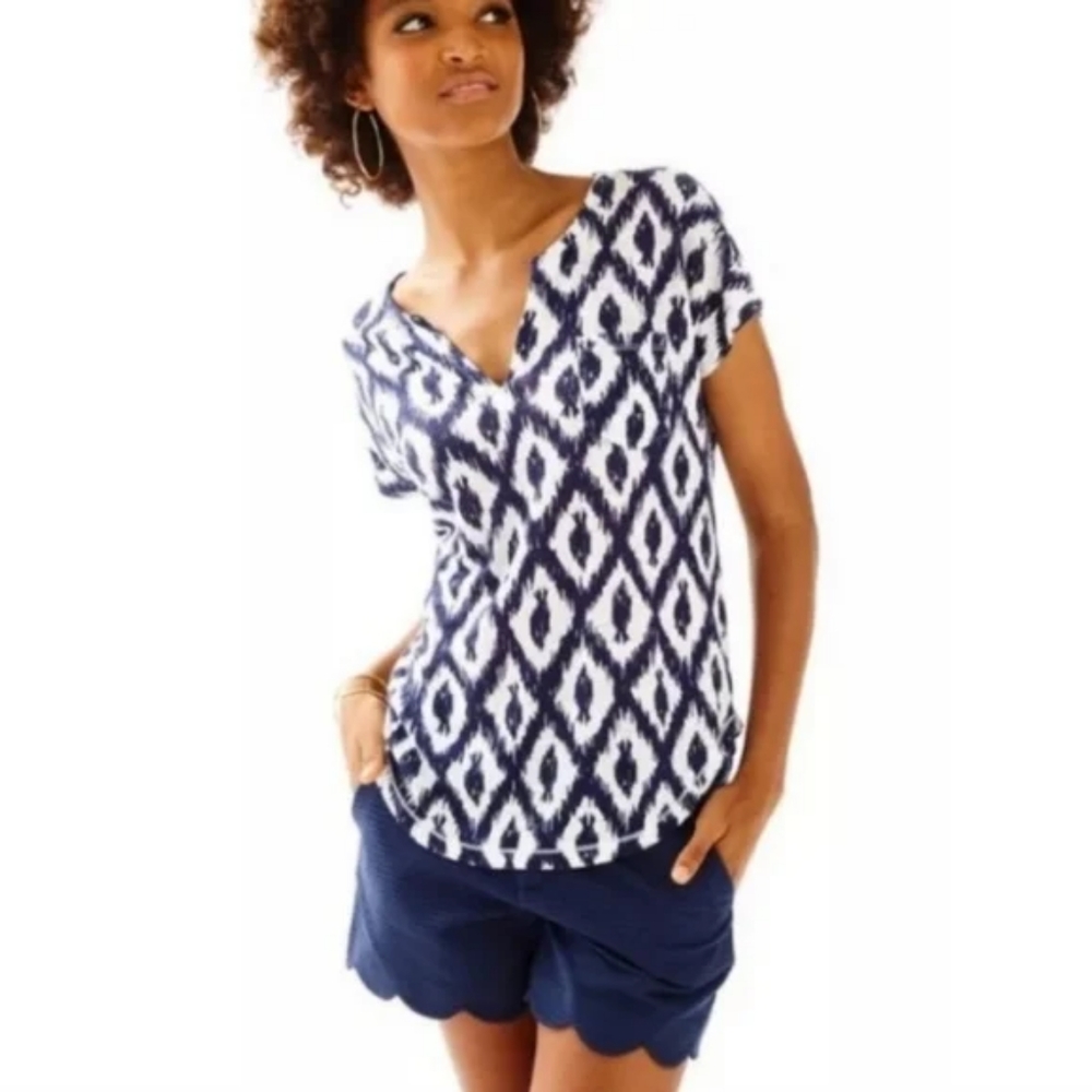 Lilly Pulitzer | Notch 100% Linen Duval Top Navy Little Fish Ikat Size XXS